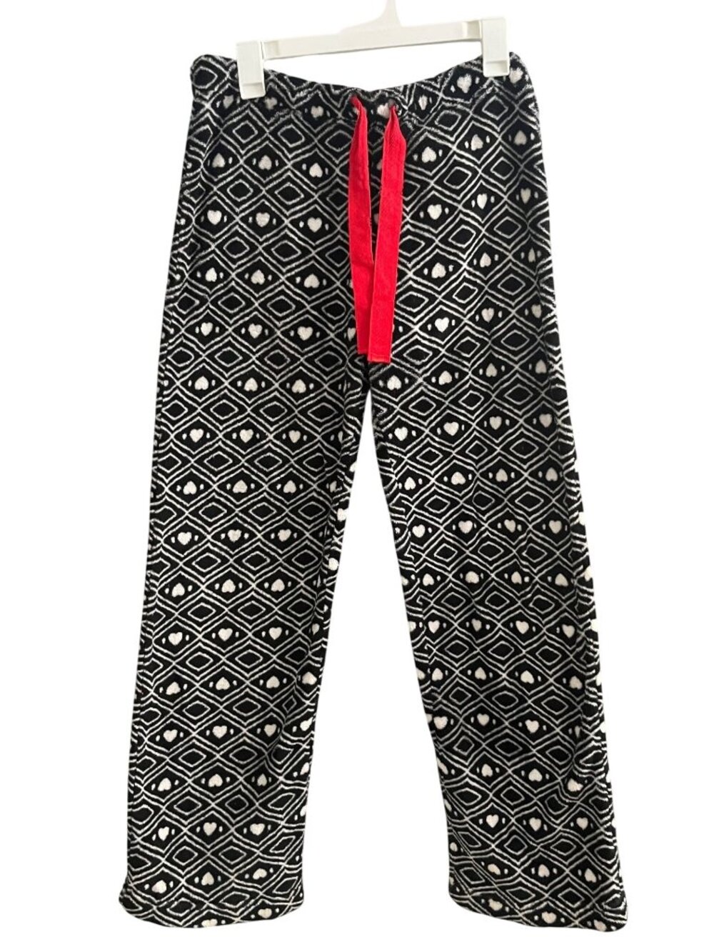 Black & White Geometric Heart Print Pajama Lounge Pants W/ Red Drawstring Size M